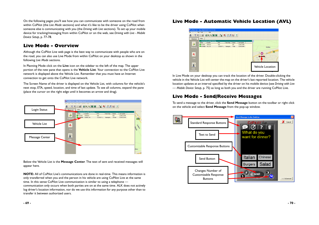 Live mode - overview, Live mode - automatic vehicle location (avl), Live mode - send/receive messages | ALK Technologies CoPilot A780 User Manual | Page 37 / 47