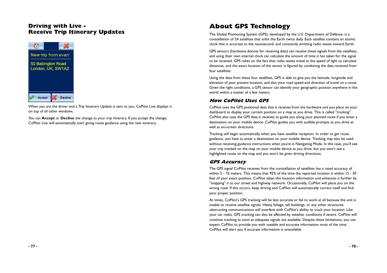 About gps technology, Driving with live - receive trip itinerary updates | ALK Technologies CoPilot A780 User Manual | Page 41 / 47