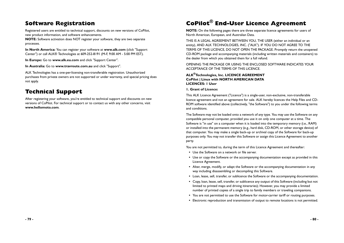 Software registration, Technical support, Copilot | End-user licence agreement | ALK Technologies CoPilot A780 User Manual | Page 42 / 47