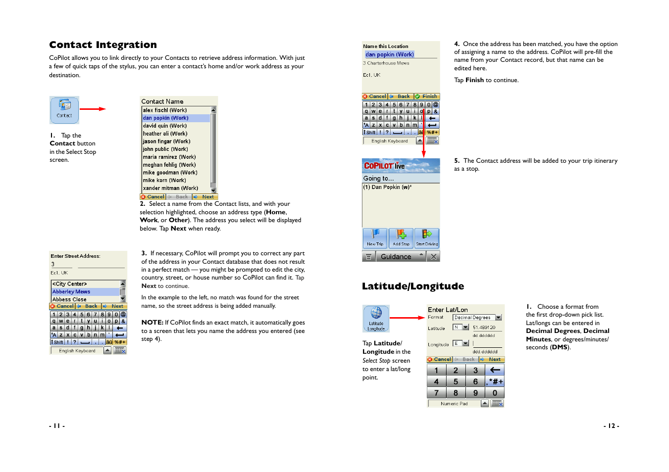 Contact integration, Latitude/longitude | ALK Technologies CoPilot A780 User Manual | Page 8 / 47