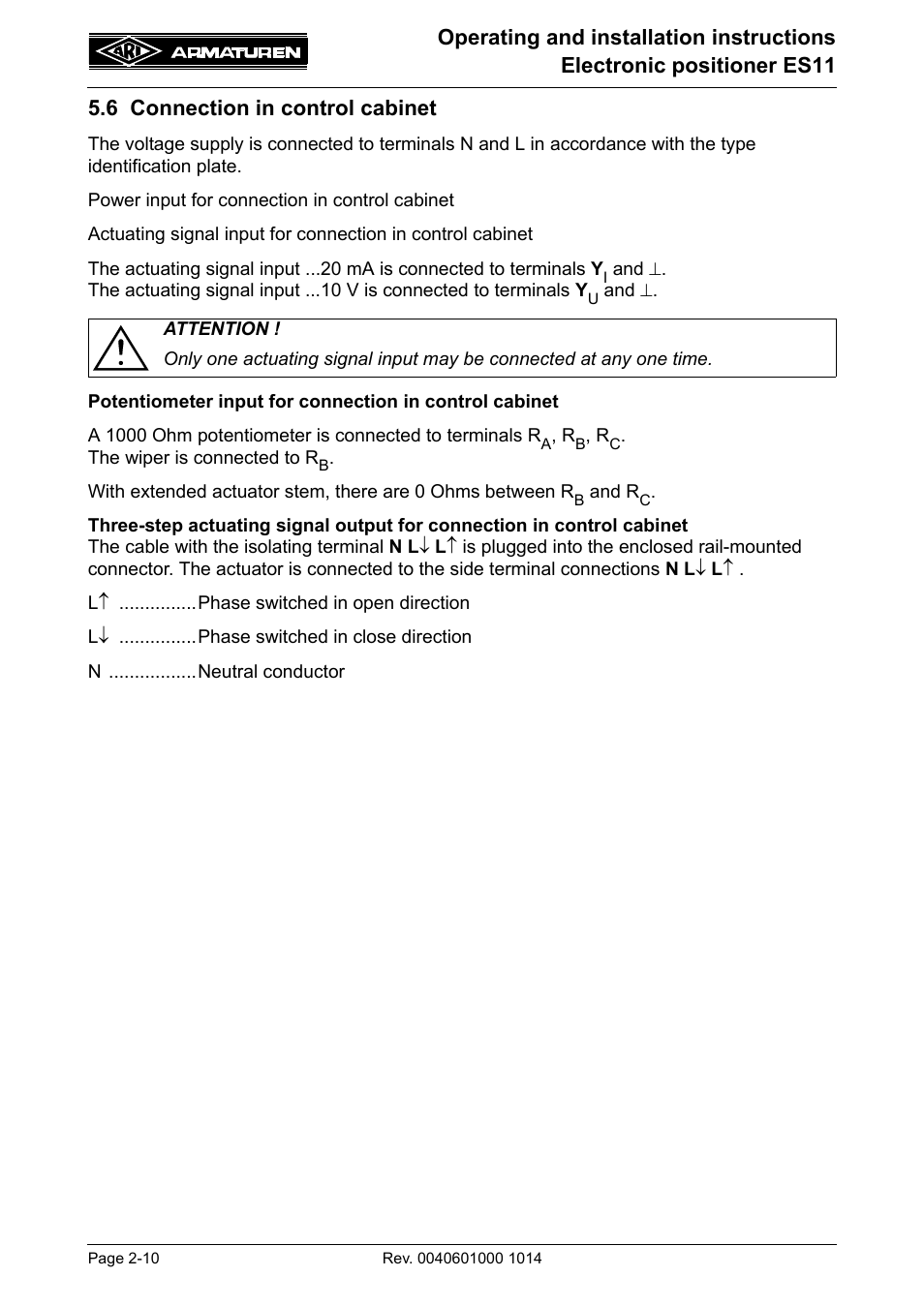 6 connection in control cabinet, 6 connection in control cabinet -10 | ARI Armaturen ES11 EN User Manual | Page 10 / 24