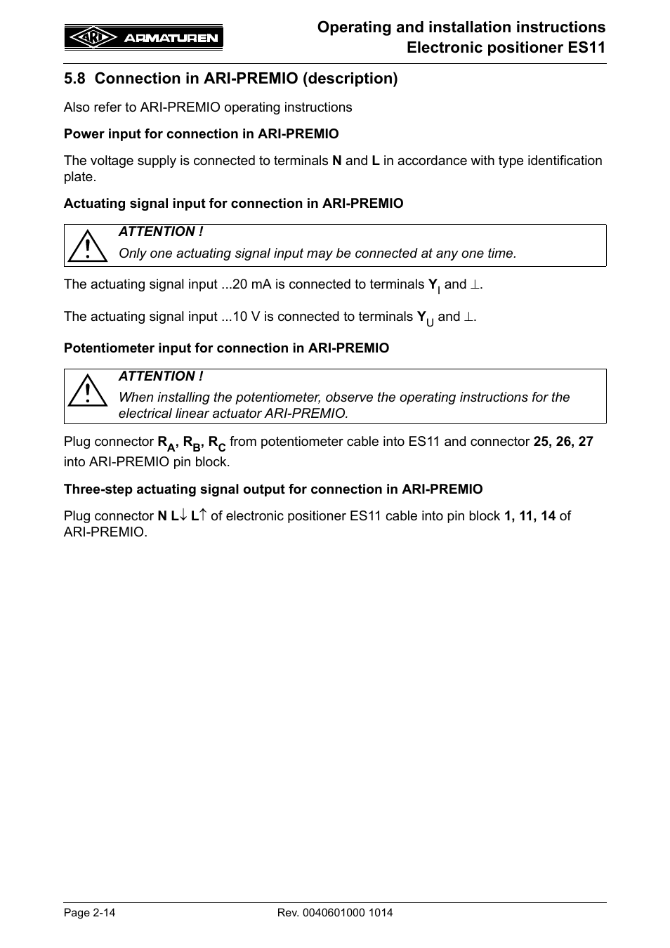8 connection in ari-premio (description), 8 connection in ari-premio (description) -14 | ARI Armaturen ES11 EN User Manual | Page 14 / 24