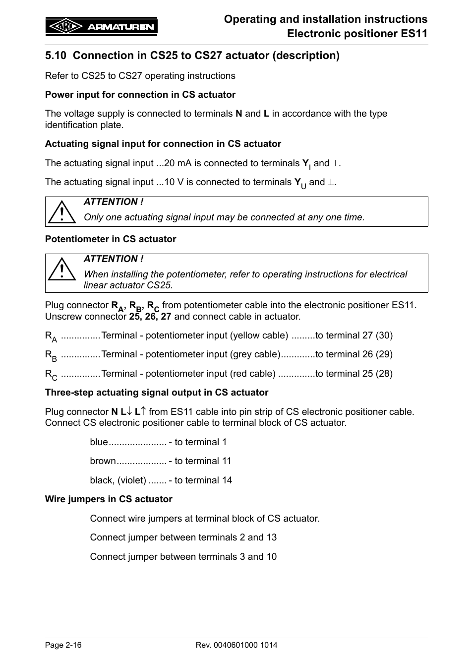 10 connection in cs25 to cs27 actuator, Description) -16 | ARI Armaturen ES11 EN User Manual | Page 16 / 24