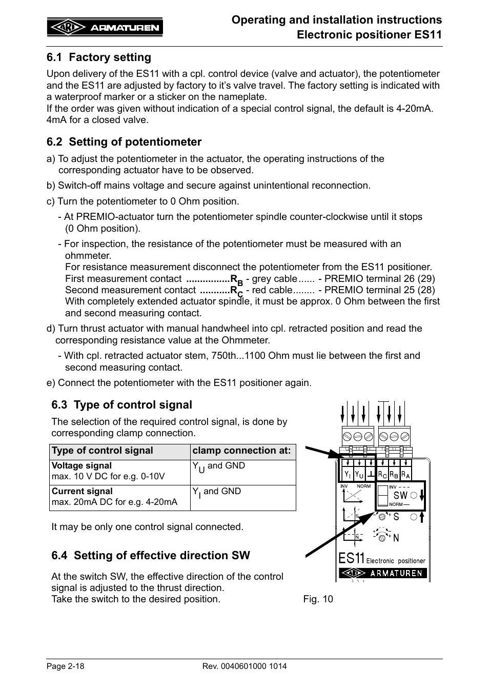 1 factory setting, 2 setting of potentiometer, 3 type of control signal | 4 setting of effective direction sw | ARI Armaturen ES11 EN User Manual | Page 18 / 24