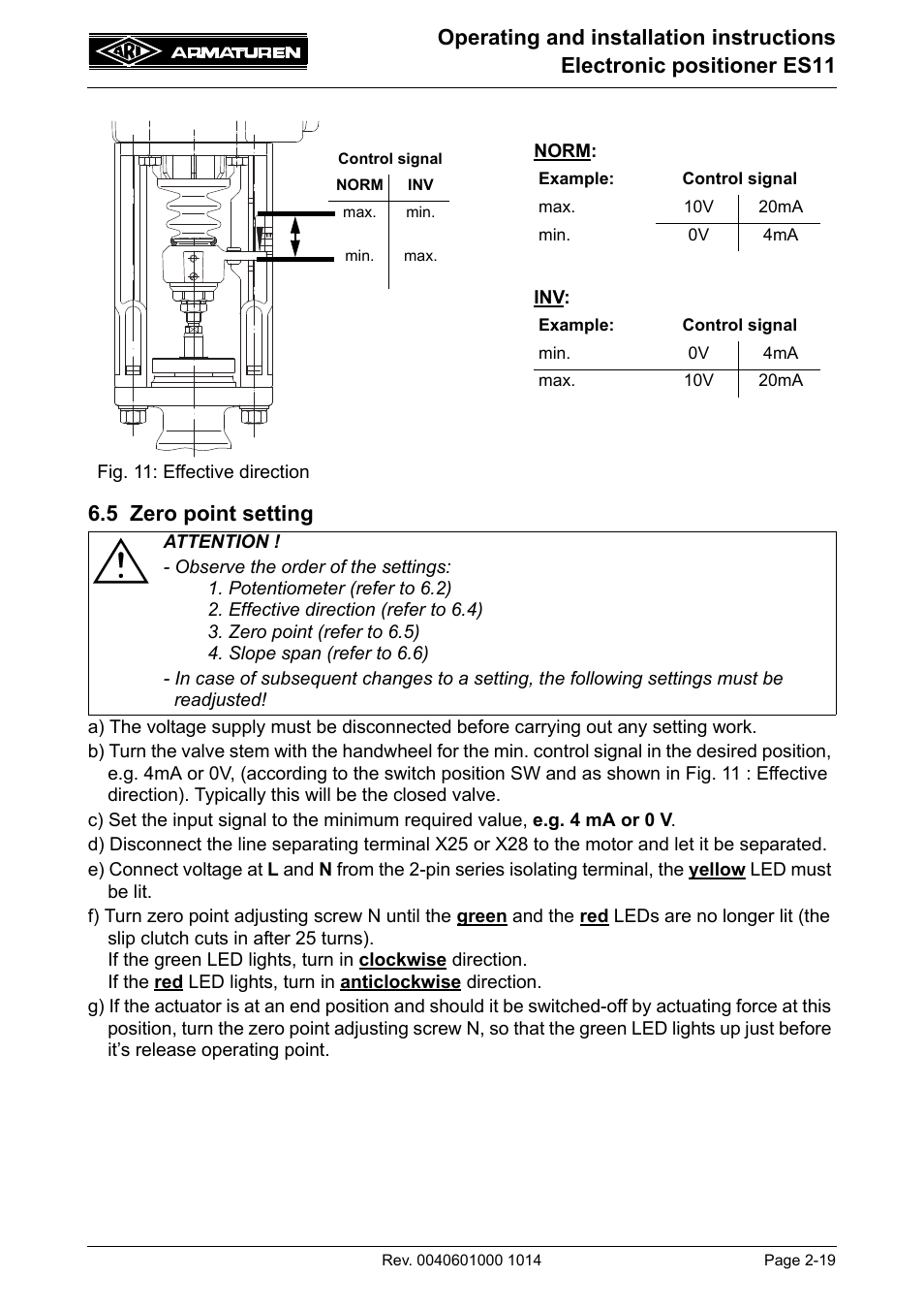 5 zero point setting, 5 zero point setting -19, Efer to 6.5 | ARI Armaturen ES11 EN User Manual | Page 19 / 24