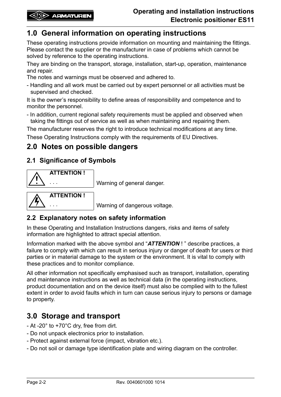 0 general information on operating instructions, 0 notes on possible dangers, 1 significance of symbols | 2 explanatory notes on safety information, 0 storage and transport, 0 general information on operating, Instructions -2, 0 notes on possible dangers -2, 0 storage and transport -2 | ARI Armaturen ES11 EN User Manual | Page 2 / 24