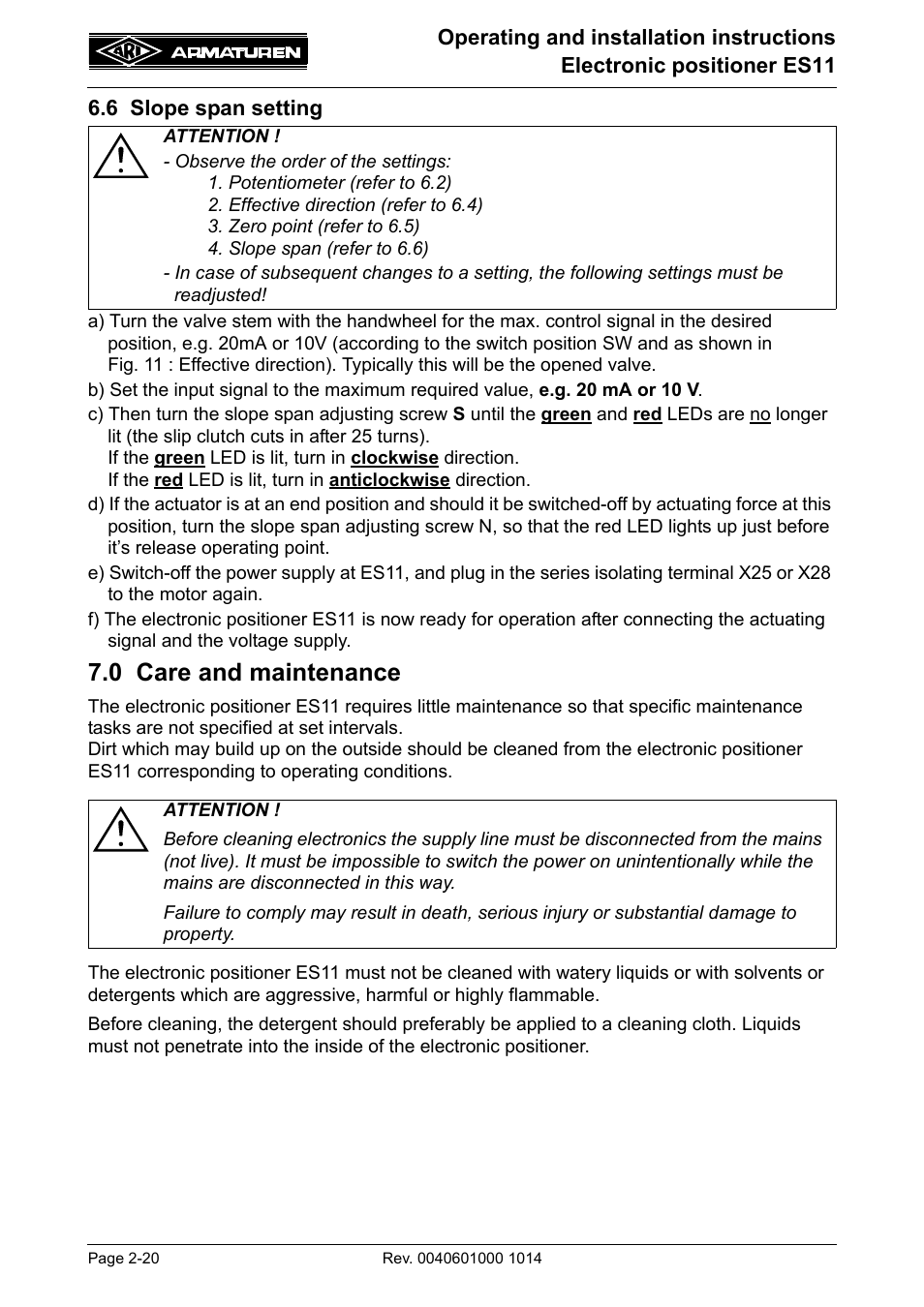 6 slope span setting, 0 care and maintenance, 6 slope span setting -20 | 0 care and maintenance -20 | ARI Armaturen ES11 EN User Manual | Page 20 / 24