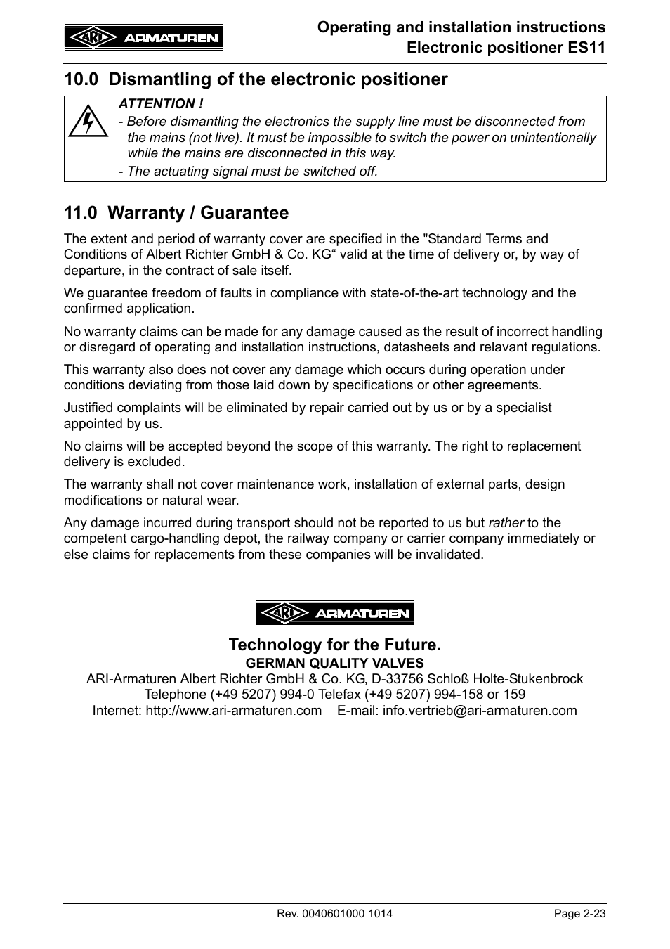 0 dismantling of the electronic positioner, 0 warranty / guarantee, 0 dismantling of the electronic | Positioner -23, 0 warranty / guarantee -23, 0 and 11.0, Technology for the future | ARI Armaturen ES11 EN User Manual | Page 23 / 24