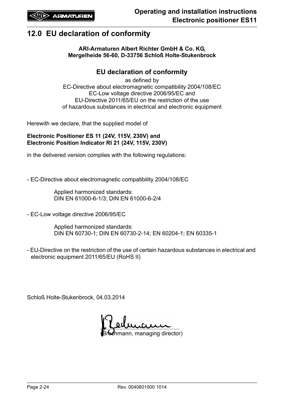 0 eu declaration of conformity, 0 eu declaration of conformity -24 | ARI Armaturen ES11 EN User Manual | Page 24 / 24