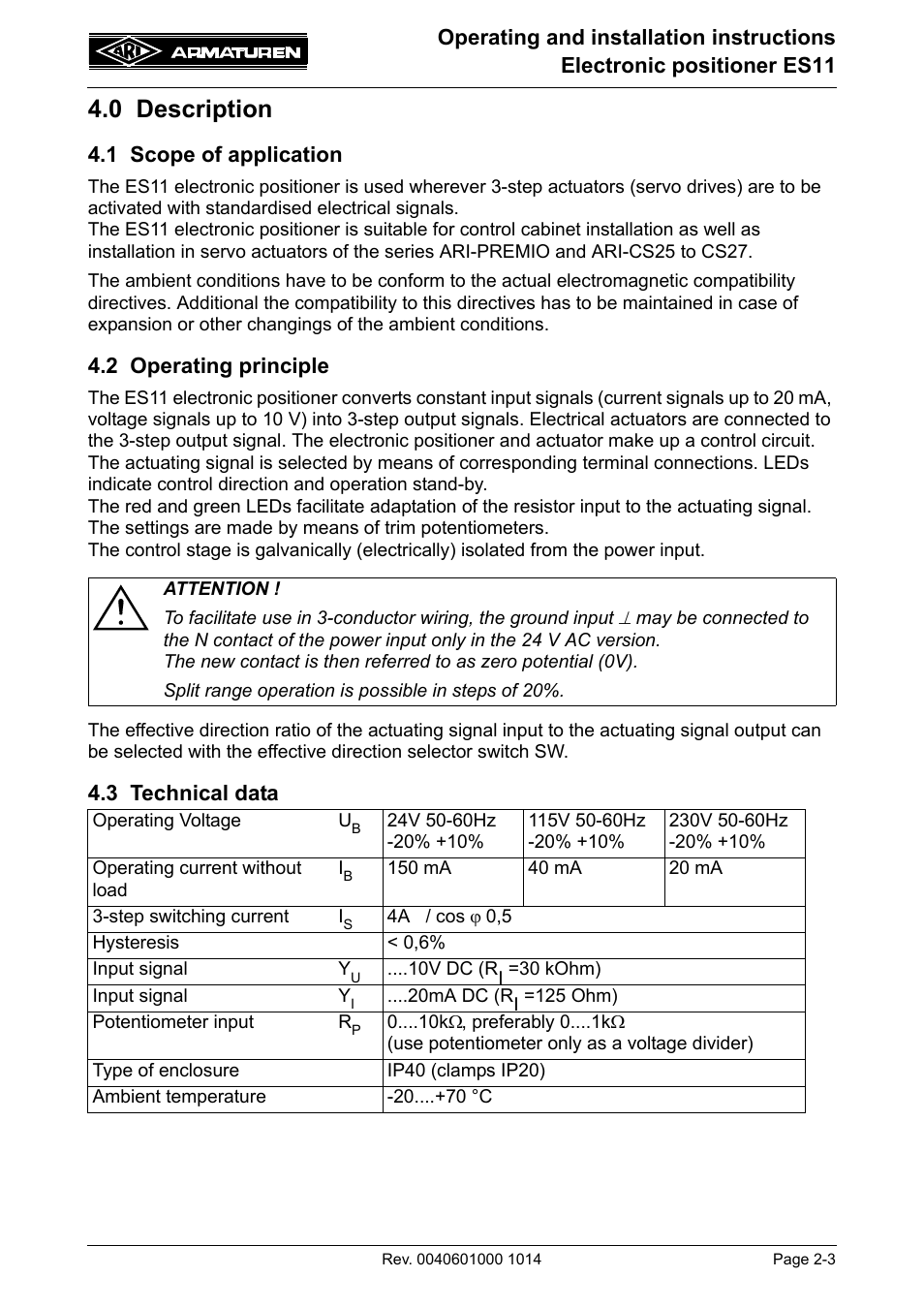 0 description, 1 scope of application, 2 operating principle | 3 technical data, 0 description -3 | ARI Armaturen ES11 EN User Manual | Page 3 / 24