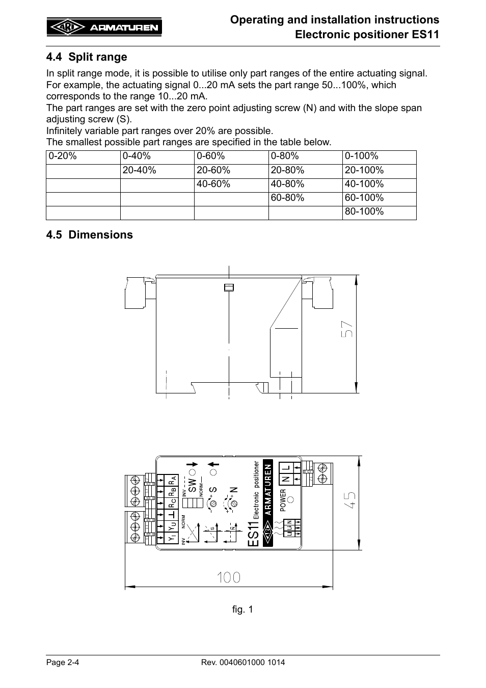 4 split range, 5 dimensions, 4 split range -4 4.5 dimensions -4 | ARI Armaturen ES11 EN User Manual | Page 4 / 24