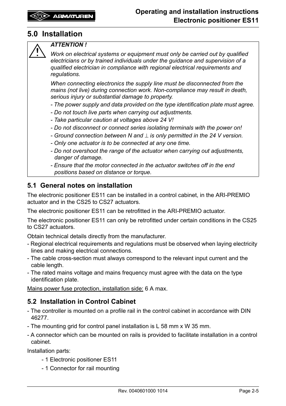 0 installation, 1 general notes on installation, 2 installation in control cabinet | 0 installation -5 | ARI Armaturen ES11 EN User Manual | Page 5 / 24