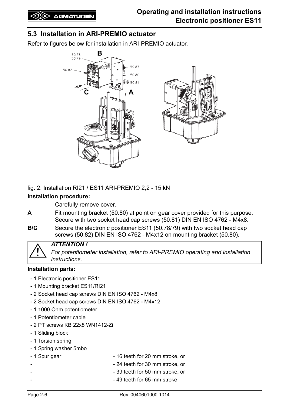 3 installation in ari-premio actuator, 3 installation in ari-premio actuator -6 | ARI Armaturen ES11 EN User Manual | Page 6 / 24