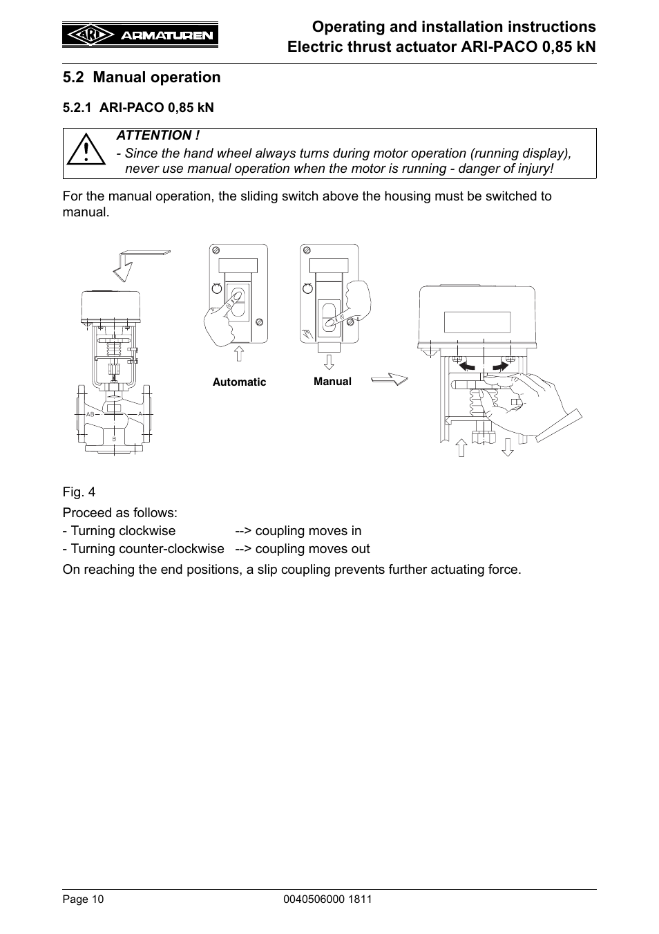 2 manual operation, 1 ari-paco 0,85 kn | ARI Armaturen ARI-PACO 0,85kN EN User Manual | Page 10 / 32