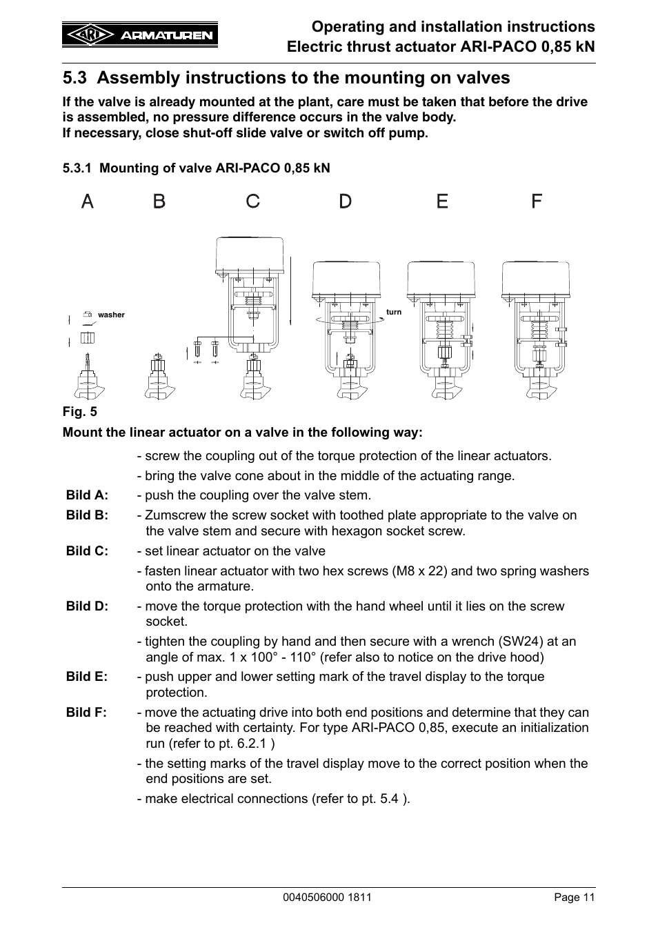 3 assembly instructions to the mounting on valves, 1 mounting of valve ari-paco 0,85 kn | ARI Armaturen ARI-PACO 0,85kN EN User Manual | Page 11 / 32