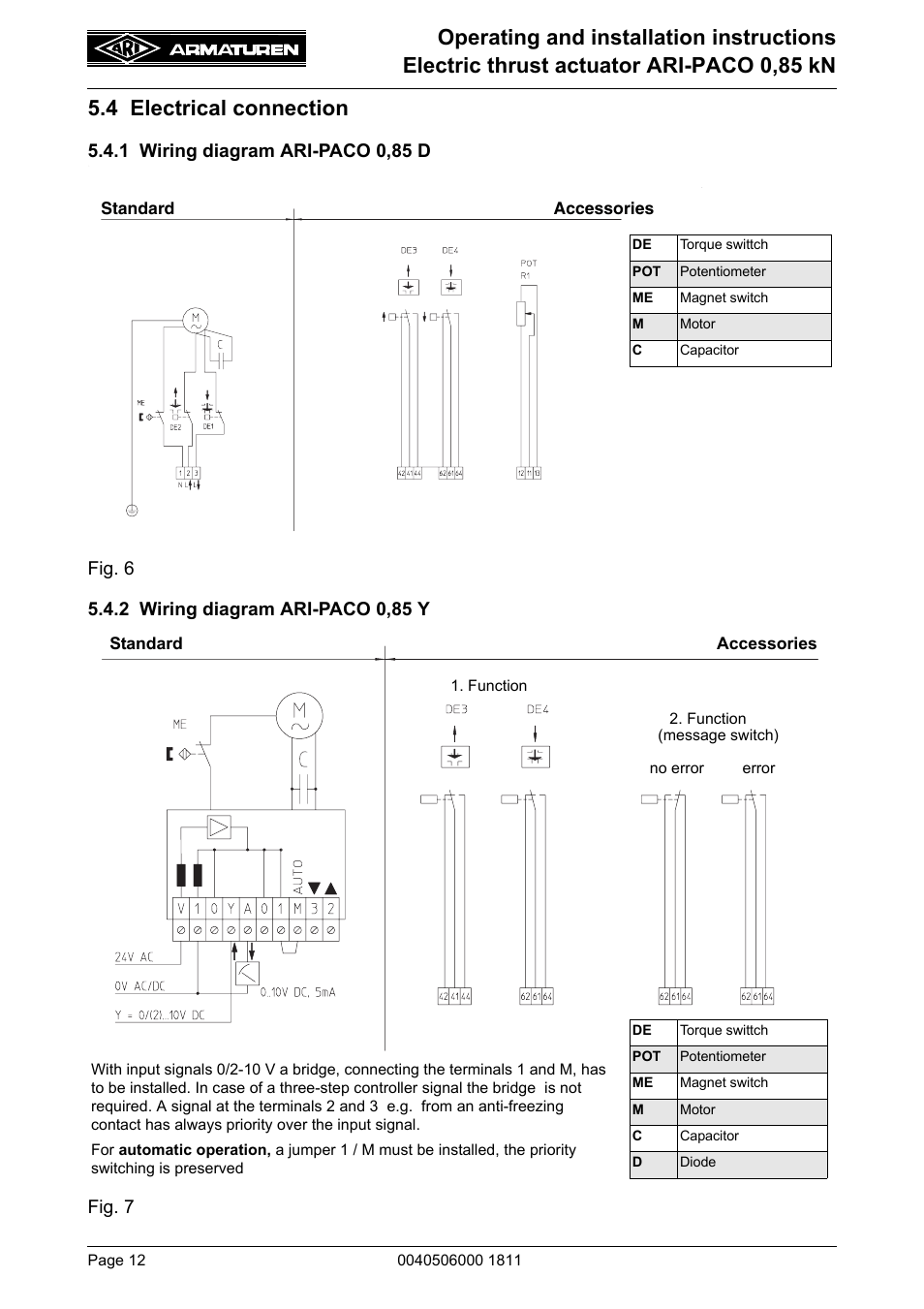 4 electrical connection, 1 wiring diagram ari-paco 0,85 d, 2 wiring diagram ari-paco 0,85 y | ARI Armaturen ARI-PACO 0,85kN EN User Manual | Page 12 / 32