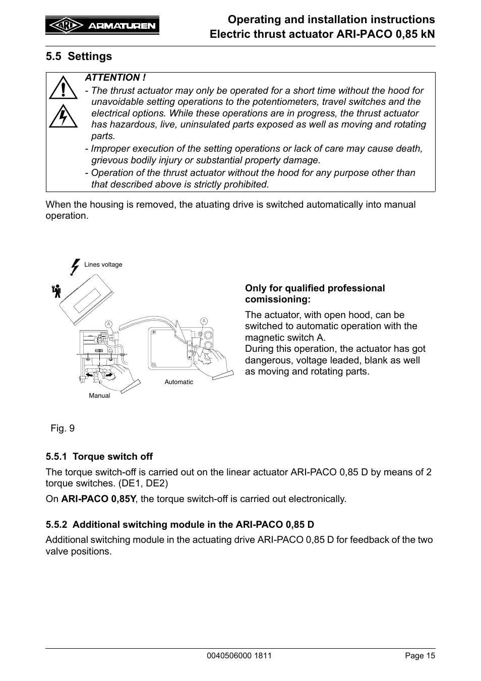 5 settings, 1 torque switch off | ARI Armaturen ARI-PACO 0,85kN EN User Manual | Page 15 / 32