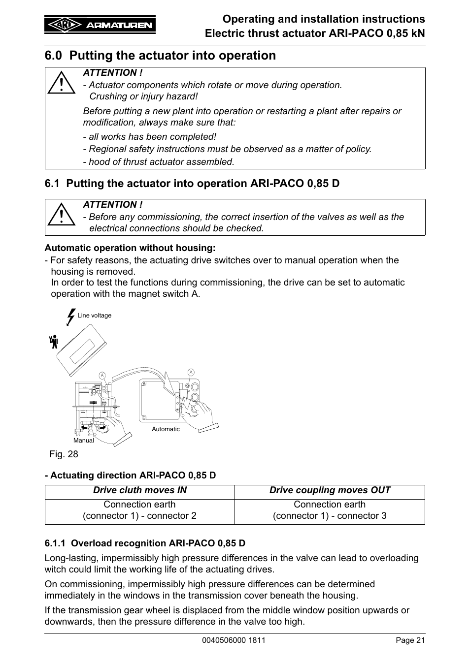 0 putting the actuator into operation, 1 overload recognition ari-paco 0,85 d | ARI Armaturen ARI-PACO 0,85kN EN User Manual | Page 21 / 32