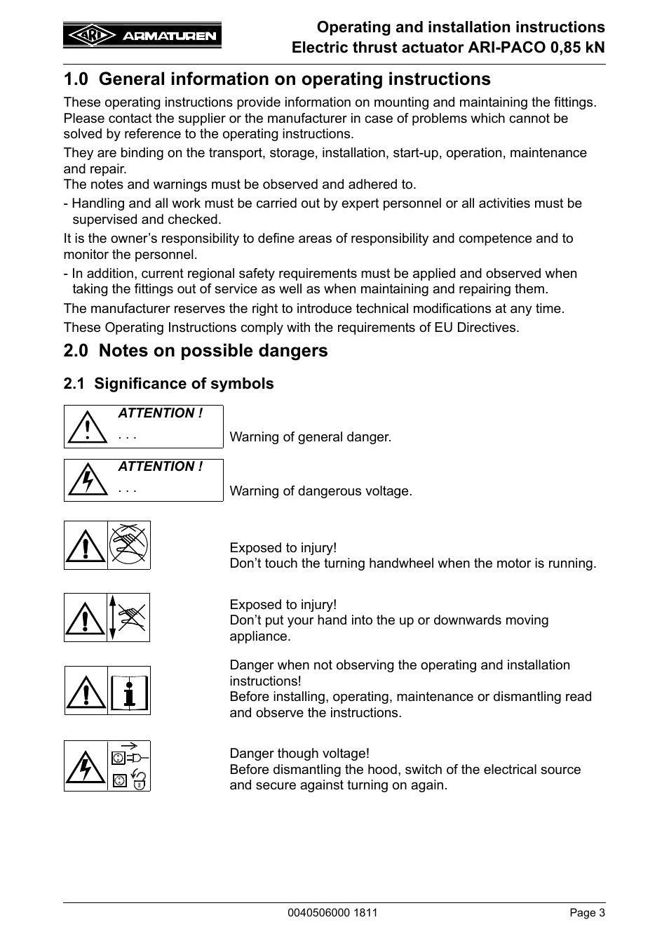 0 general information on operating instructions, 0 notes on possible dangers, 1 significance of symbols | ARI Armaturen ARI-PACO 0,85kN EN User Manual | Page 3 / 32
