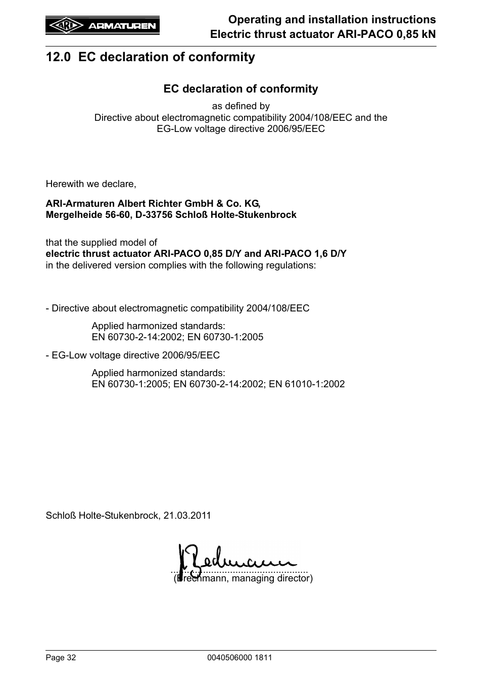 0 ec declaration of conformity | ARI Armaturen ARI-PACO 0,85kN EN User Manual | Page 32 / 32