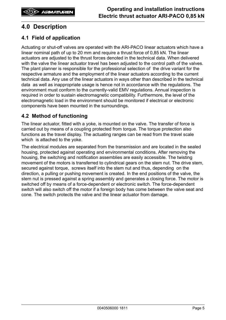 0 description, 1 field of application, 2 method of functioning | ARI Armaturen ARI-PACO 0,85kN EN User Manual | Page 5 / 32
