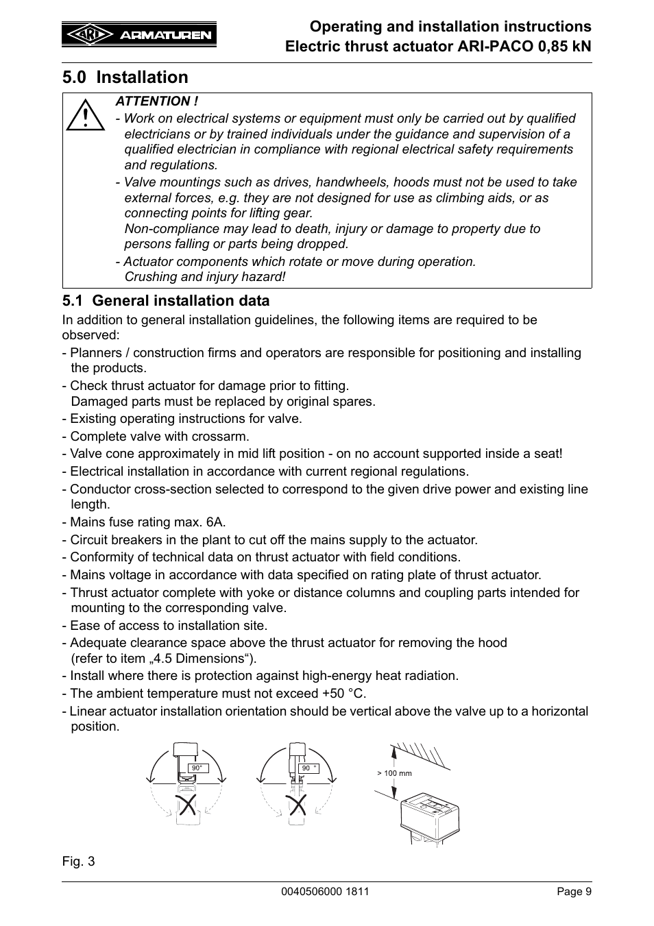 0 installation, 1 general installation data | ARI Armaturen ARI-PACO 0,85kN EN User Manual | Page 9 / 32