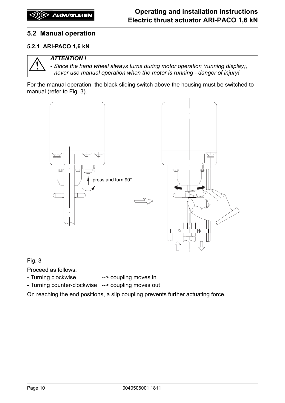 2 manual operation, 1 ari-paco 1,6 kn | ARI Armaturen ARI-PACO 1,6kN EN User Manual | Page 10 / 24