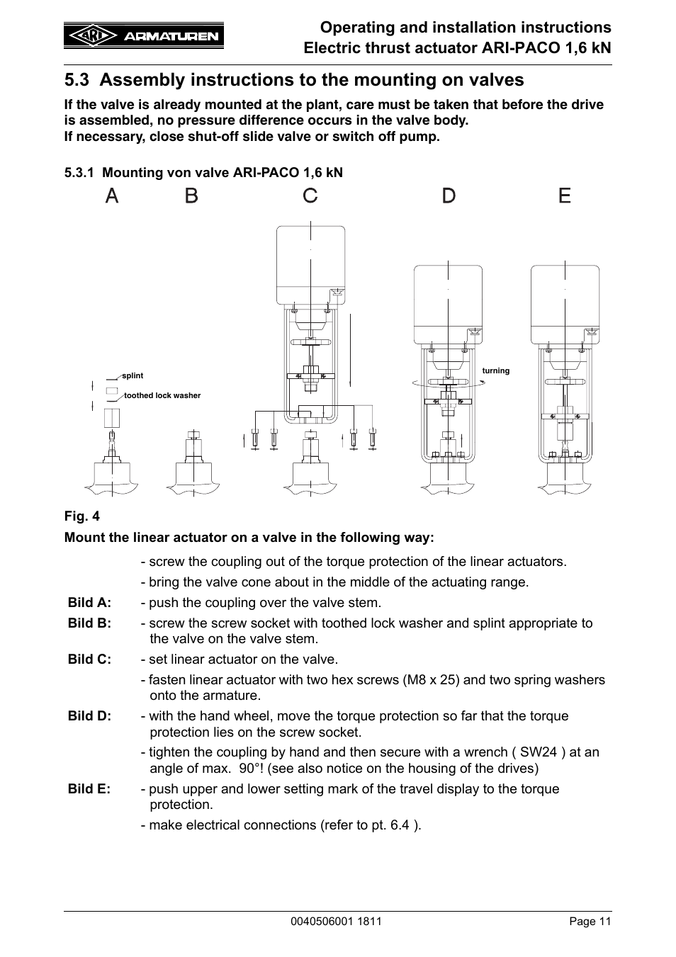 3 assembly instructions to the mounting on valves, 1 mounting von valve ari-paco 1,6 kn | ARI Armaturen ARI-PACO 1,6kN EN User Manual | Page 11 / 24