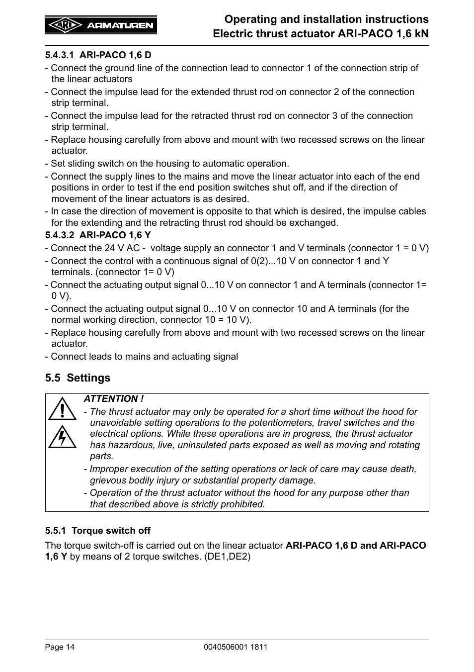 5 settings, 1 torque switch off | ARI Armaturen ARI-PACO 1,6kN EN User Manual | Page 14 / 24