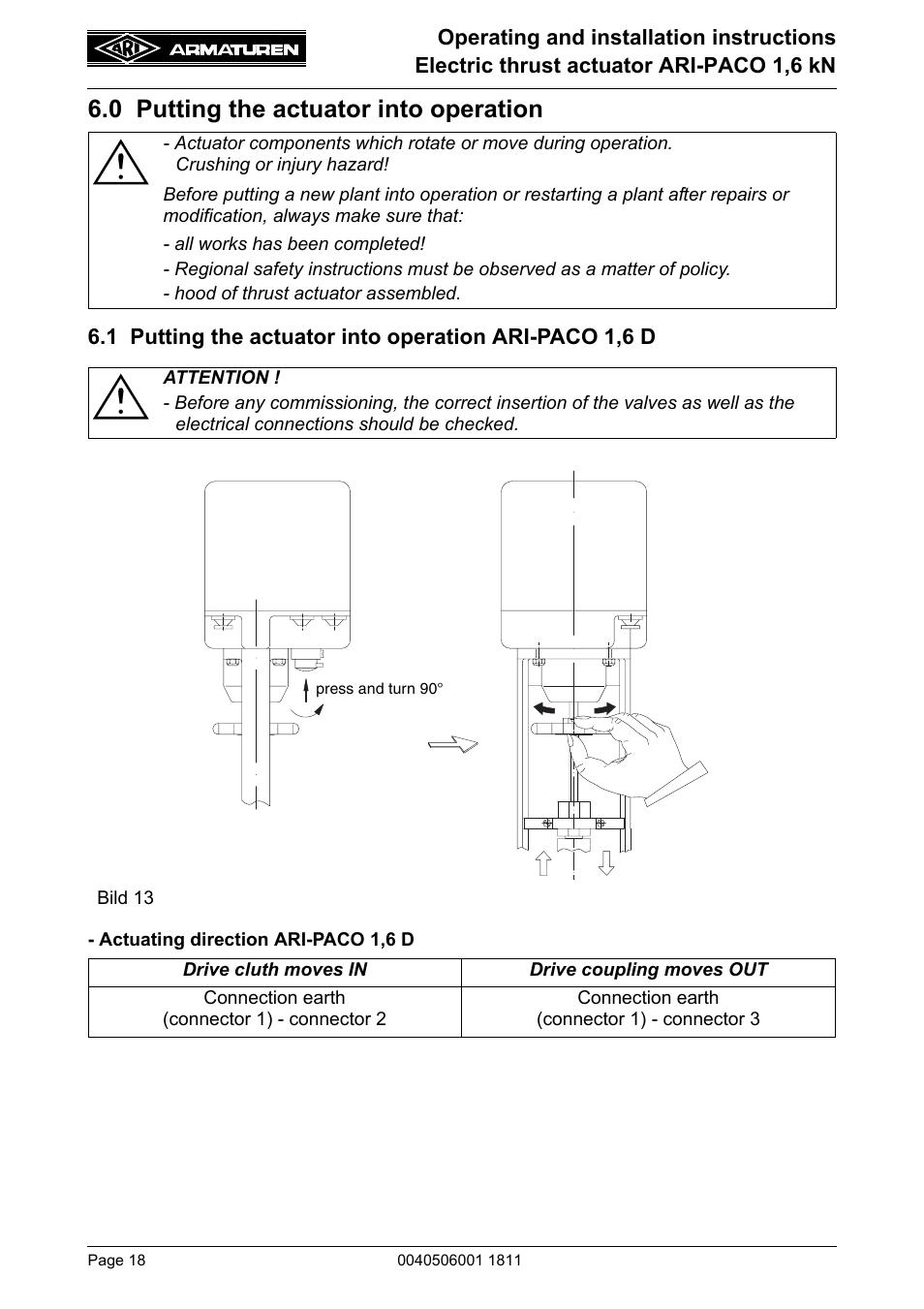 0 putting the actuator into operation | ARI Armaturen ARI-PACO 1,6kN EN User Manual | Page 18 / 24