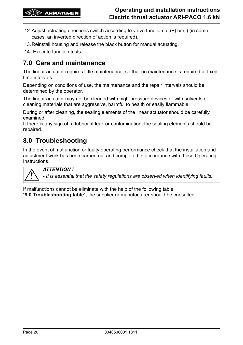 0 care and maintenance, 0 troubleshooting | ARI Armaturen ARI-PACO 1,6kN EN User Manual | Page 20 / 24