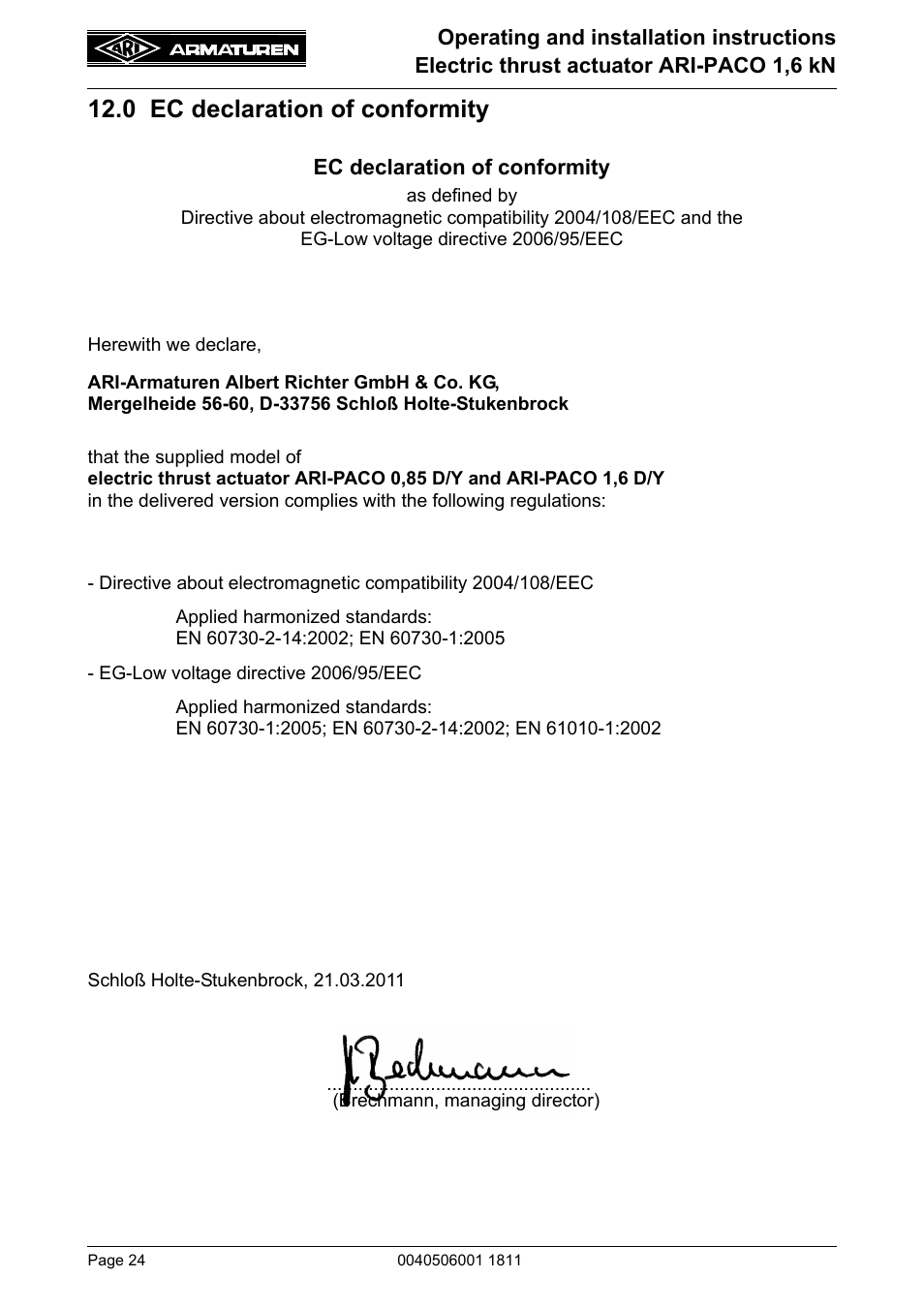 0 ec declaration of conformity | ARI Armaturen ARI-PACO 1,6kN EN User Manual | Page 24 / 24