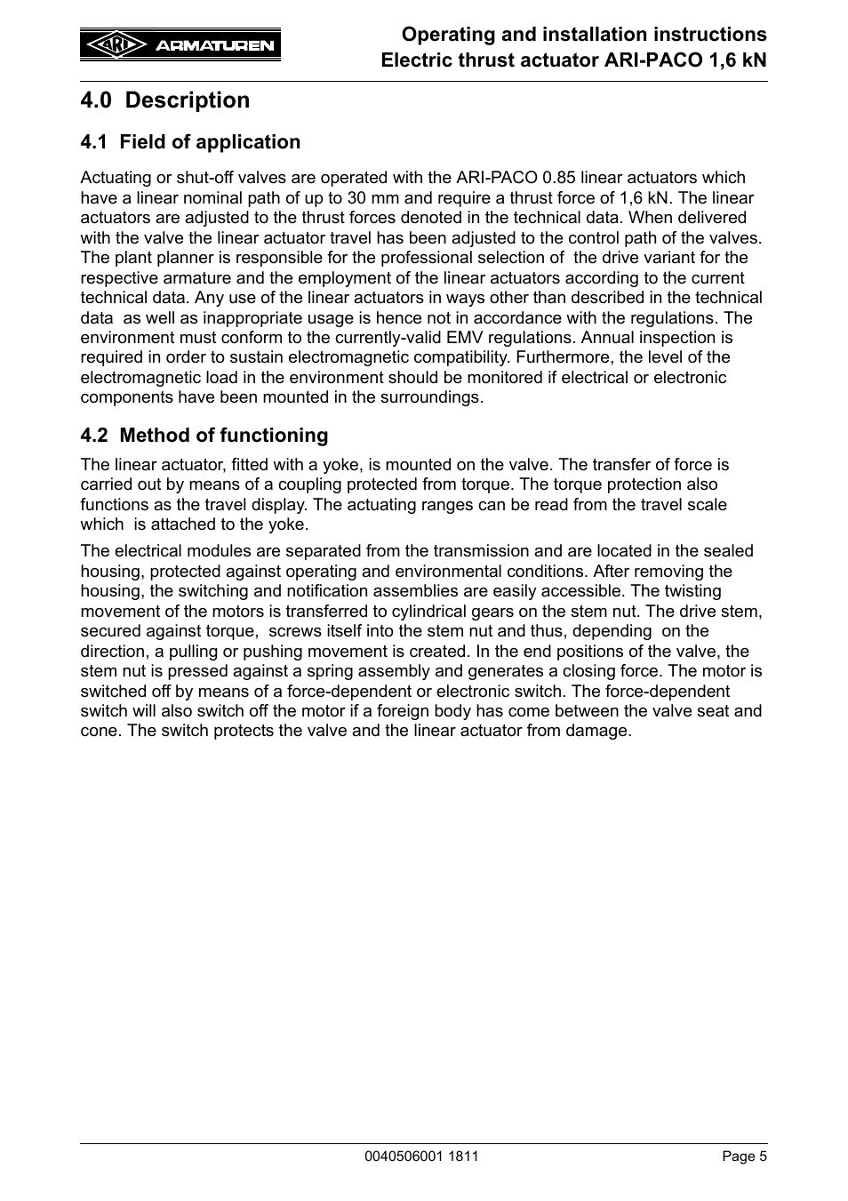 0 description, 1 field of application, 2 method of functioning | ARI Armaturen ARI-PACO 1,6kN EN User Manual | Page 5 / 24