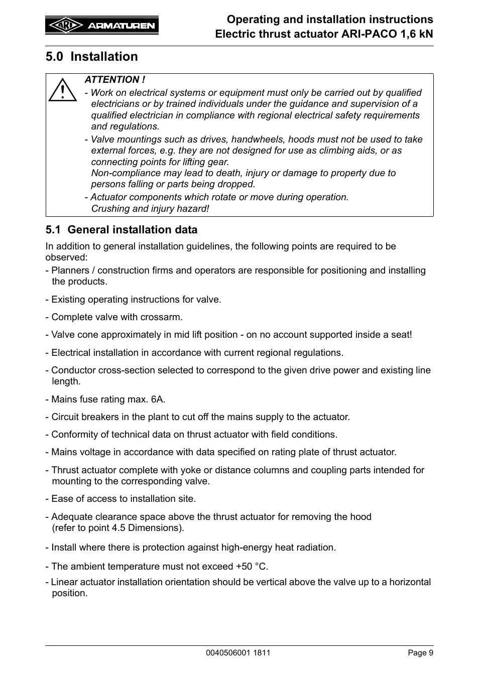 0 installation, 1 general installation data | ARI Armaturen ARI-PACO 1,6kN EN User Manual | Page 9 / 24