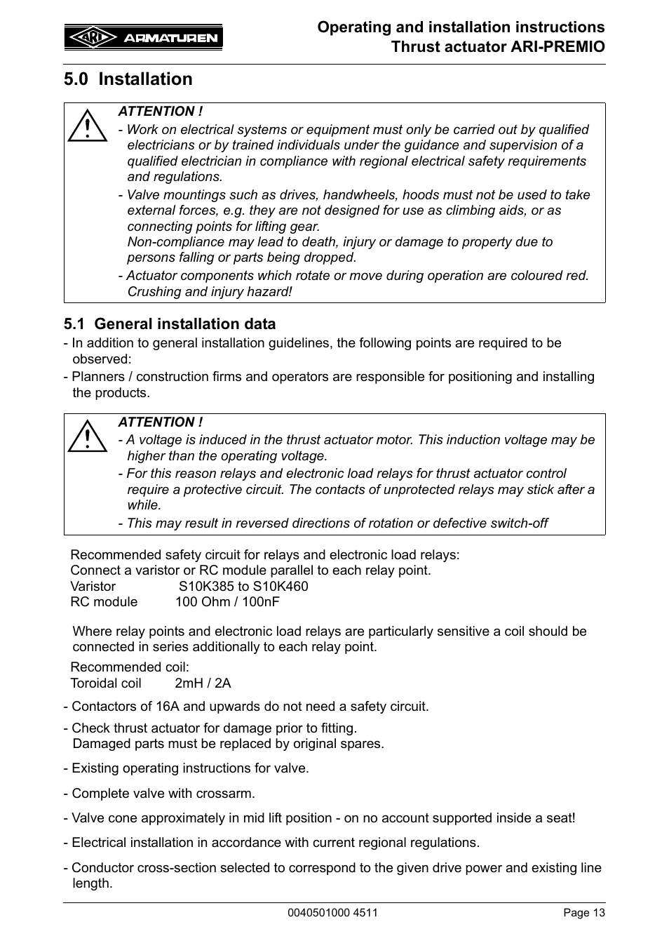 0 installation, 1 general installation data | ARI Armaturen ARI-PREMIO User Manual | Page 13 / 54