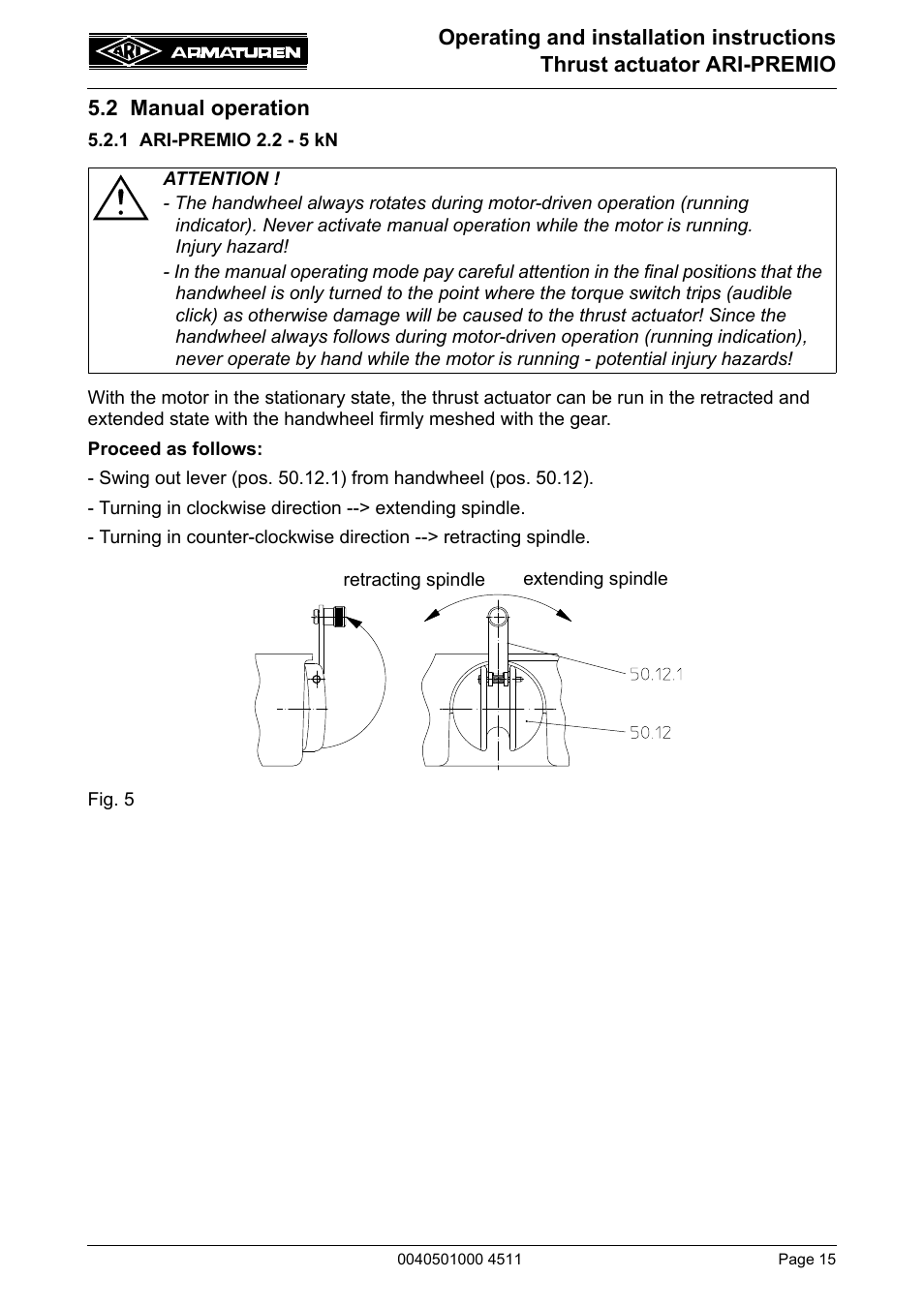 2 manual operation, 1 ari-premio 2.2 - 5 kn | ARI Armaturen ARI-PREMIO User Manual | Page 15 / 54