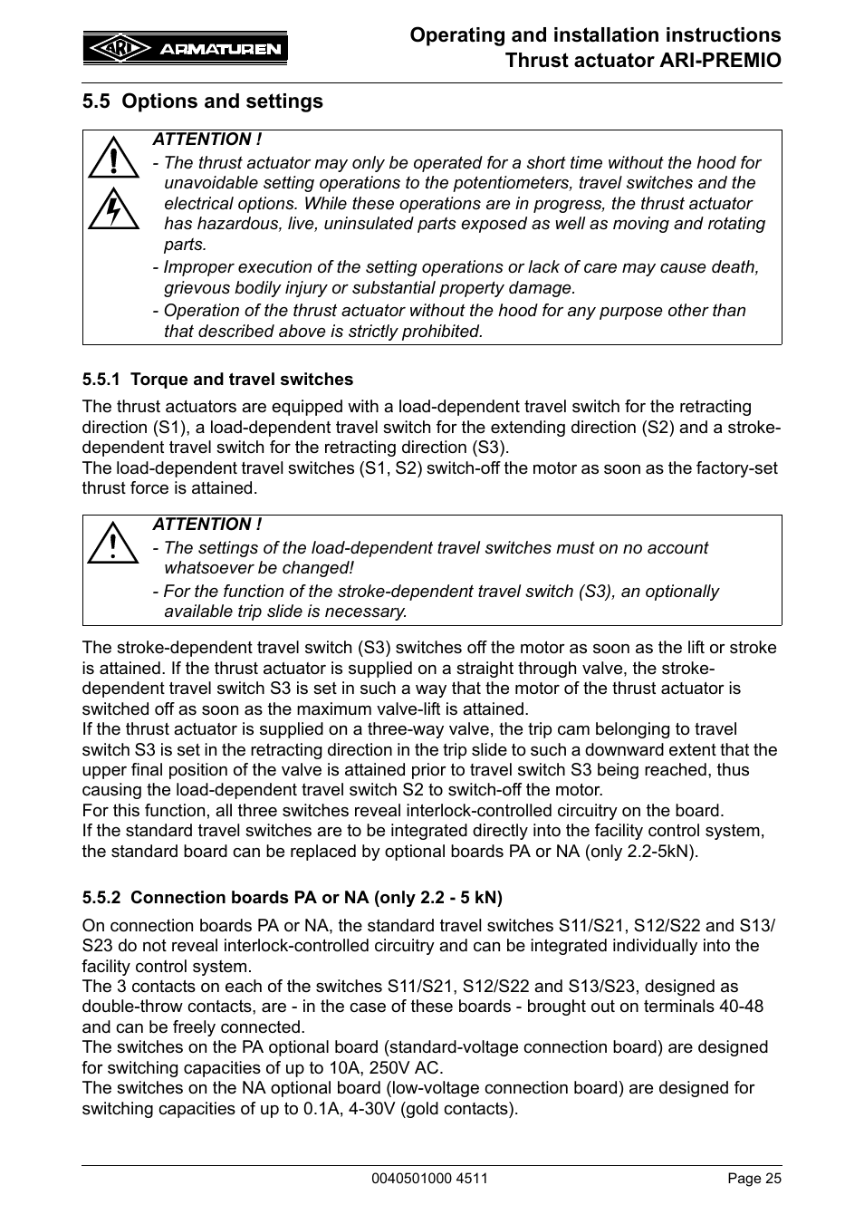 5 options and settings, 1 torque and travel switches, 2 connection boards pa or na (only 2.2 - 5 kn) | ARI Armaturen ARI-PREMIO User Manual | Page 25 / 54