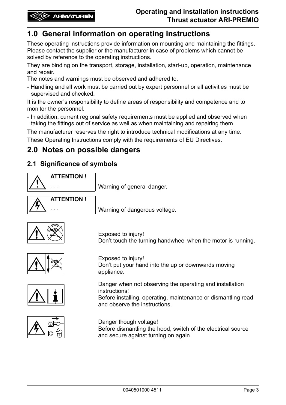 0 general information on operating instructions, 0 notes on possible dangers, 1 significance of symbols | ARI Armaturen ARI-PREMIO User Manual | Page 3 / 54