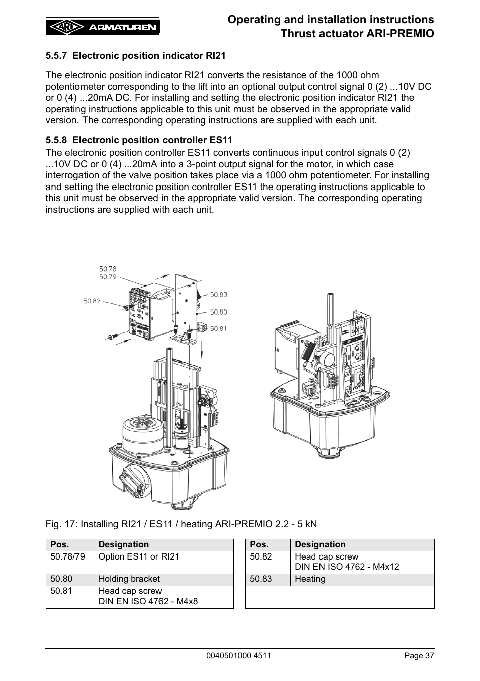 7 electronic position indicator ri21, 8 electronic position controller es11 | ARI Armaturen ARI-PREMIO User Manual | Page 37 / 54