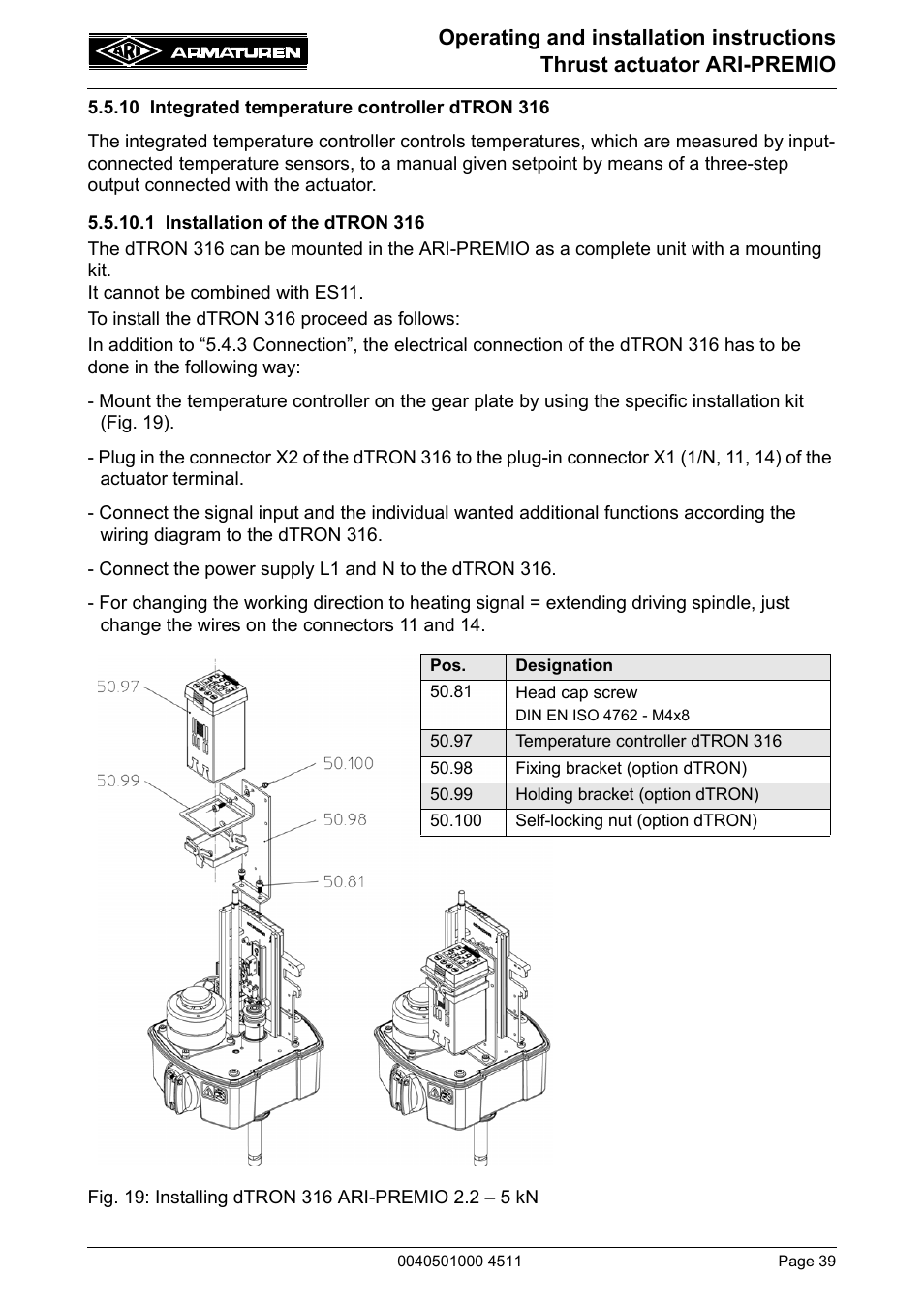10 integrated temperature controller dtron 316, 1 installation of the dtron 316 | ARI Armaturen ARI-PREMIO User Manual | Page 39 / 54