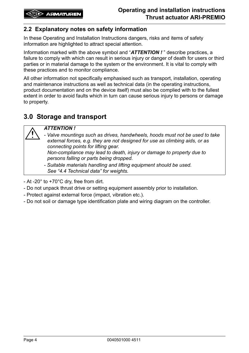 2 explanatory notes on safety information, 0 storage and transport | ARI Armaturen ARI-PREMIO User Manual | Page 4 / 54