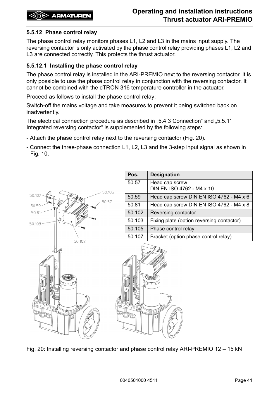 12 phase control relay, 1 installing the phase control relay, To the gear plate (fig. 20) | Refer to “5.5.12 phase control relay” r | ARI Armaturen ARI-PREMIO User Manual | Page 41 / 54