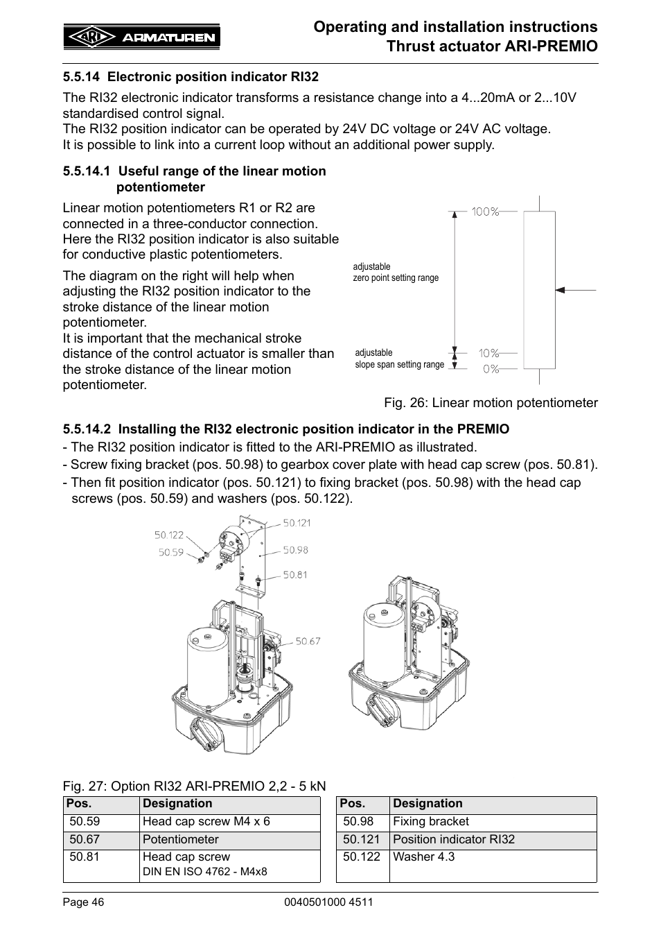 14 electronic position indicator ri32, 1 useful range of the linear motion potentiometer | ARI Armaturen ARI-PREMIO User Manual | Page 46 / 54