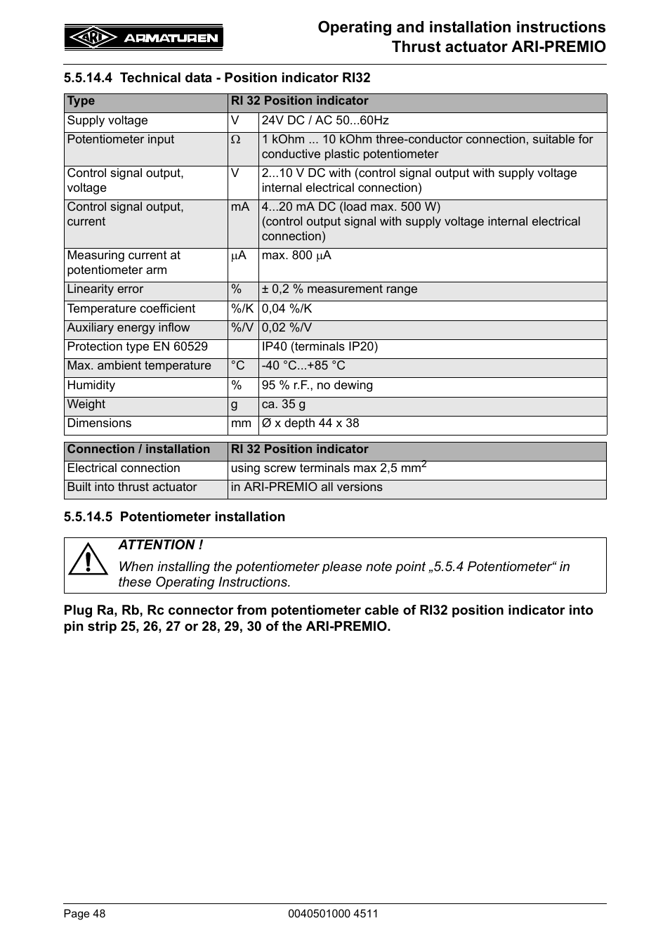 4 technical data - position indicator ri32, 5 potentiometer installation | ARI Armaturen ARI-PREMIO User Manual | Page 48 / 54