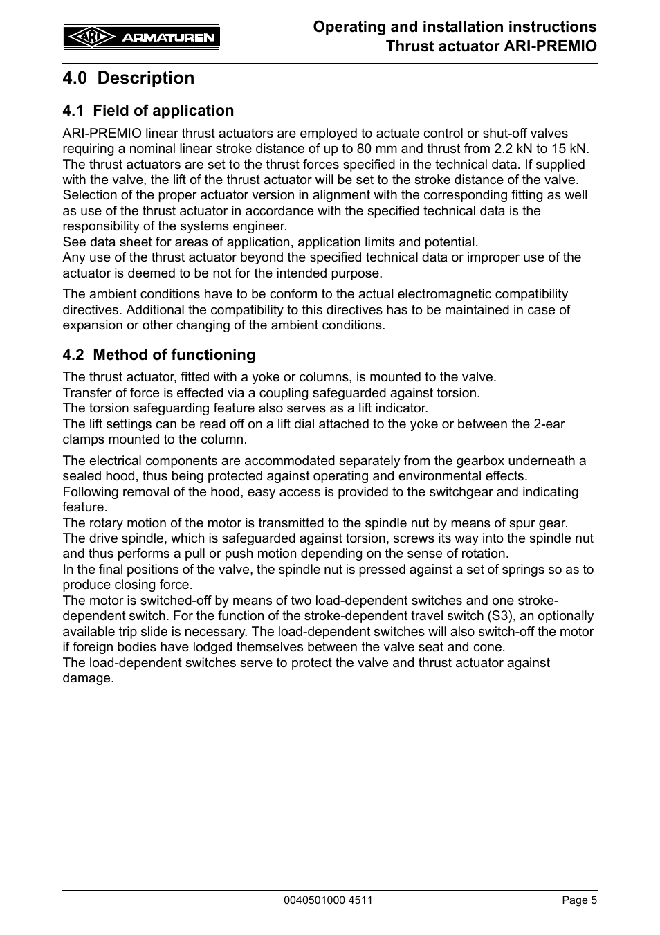 0 description, 1 field of application, 2 method of functioning | 1 field of application 4.2 method of functioning | ARI Armaturen ARI-PREMIO User Manual | Page 5 / 54