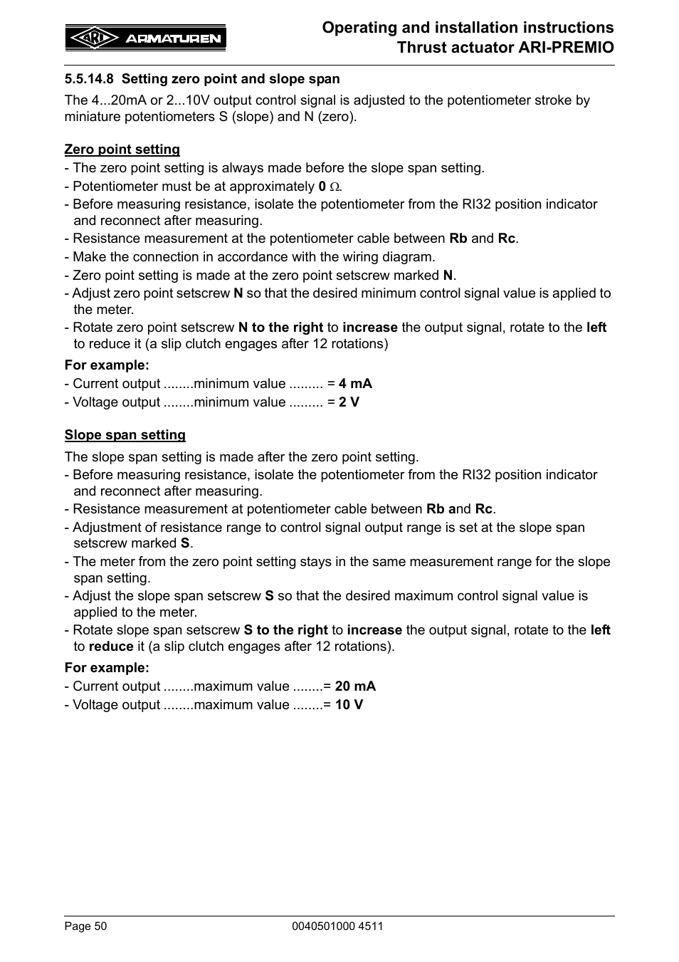 8 setting zero point and slope span | ARI Armaturen ARI-PREMIO User Manual | Page 50 / 54