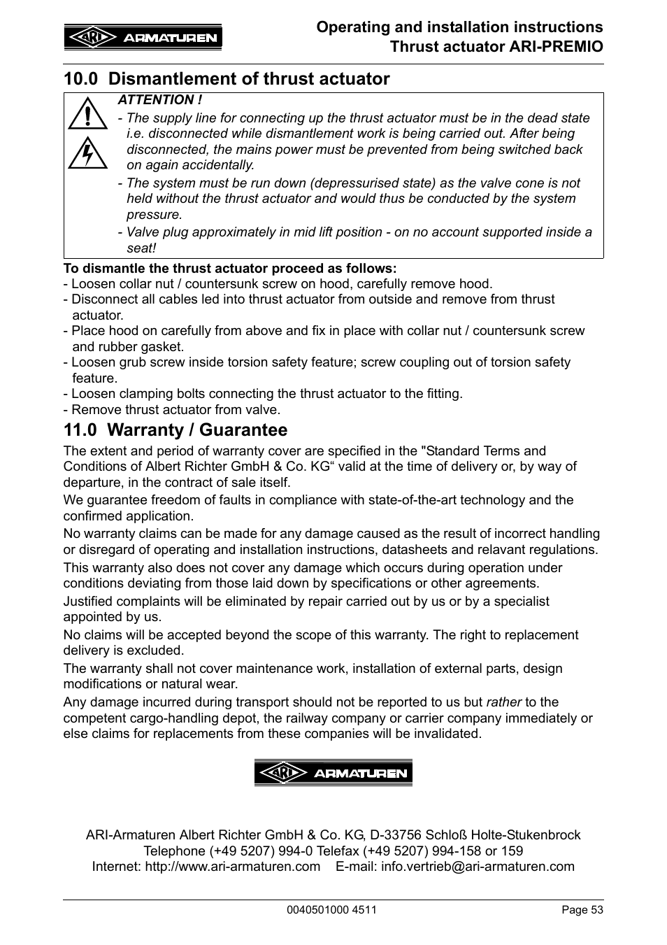 0 dismantlement of thrust actuator, 0 warranty / guarantee, Technology for the future | ARI Armaturen ARI-PREMIO User Manual | Page 53 / 54