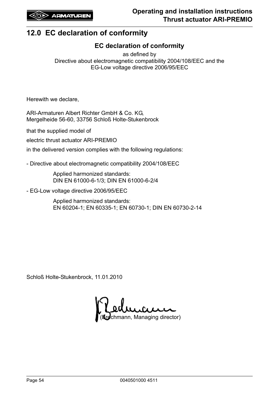 0 ec declaration of conformity | ARI Armaturen ARI-PREMIO User Manual | Page 54 / 54