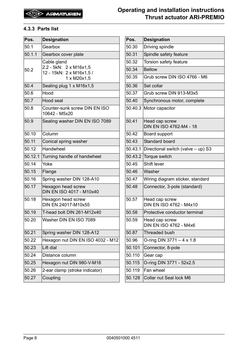 3 parts list | ARI Armaturen ARI-PREMIO User Manual | Page 8 / 54