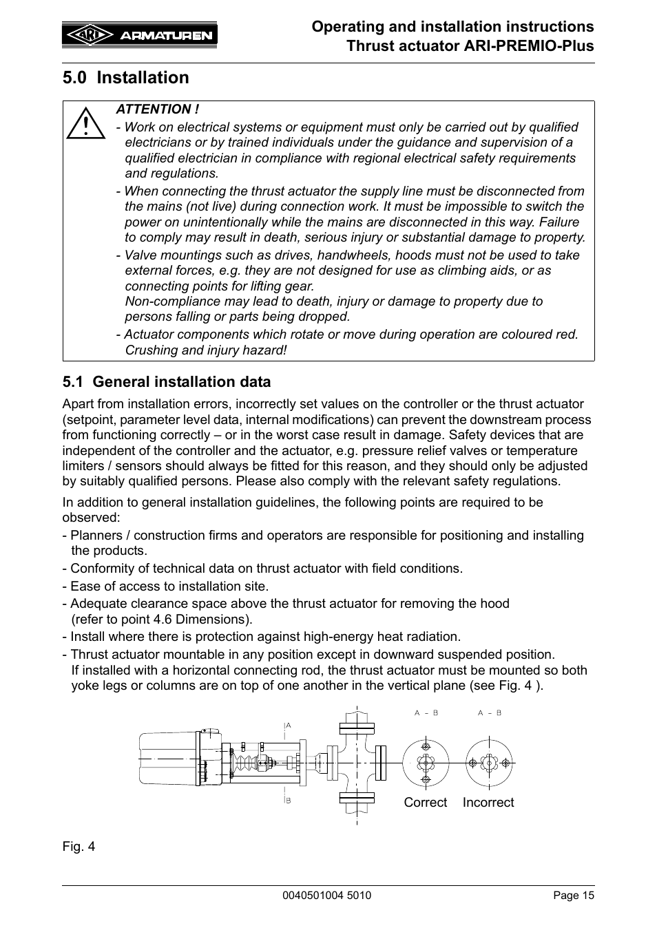 0 installation, 1 general installation data | ARI Armaturen ARI-PREMIO Plus EN User Manual | Page 15 / 50